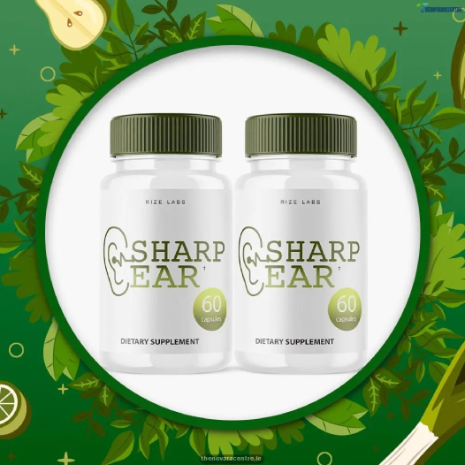 SharpEar natural hearing supplement bottle with Ginkgo Biloba, St John's Wort, and Vinpocetine for healthy ears